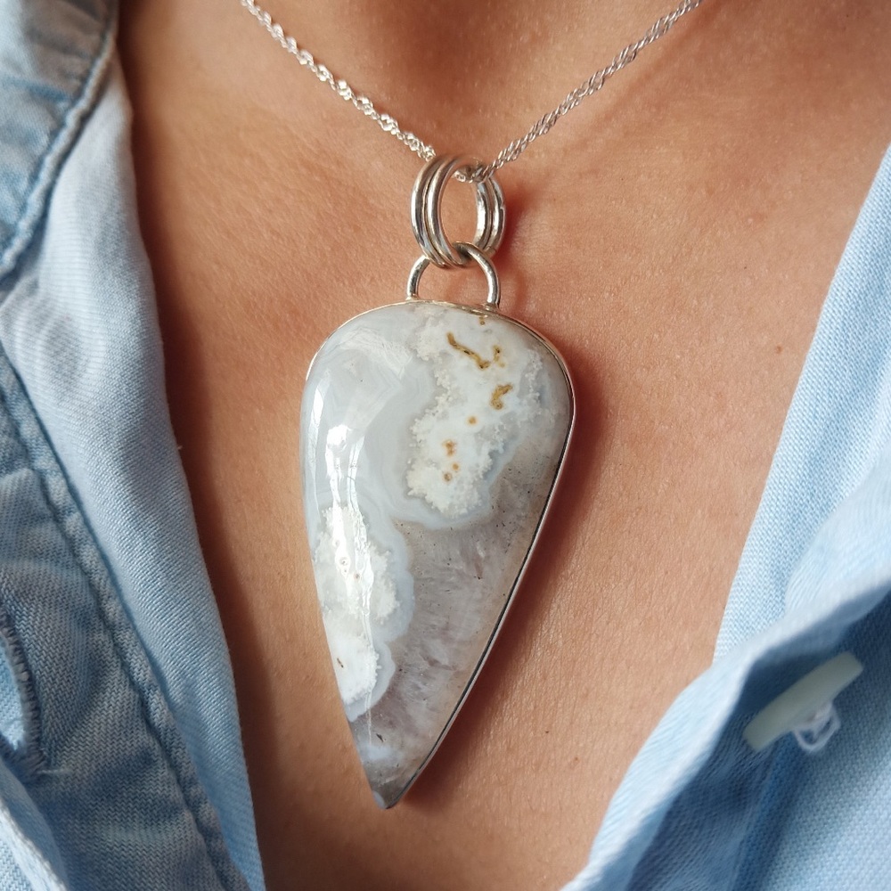 🌙 STUNNING Solar Quartz Natural Gemstone Statement Pendent w/ 925 Silver 50x20mm
